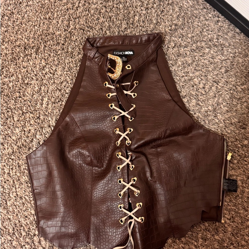 Fashion Nova Brown Faux Leather Lace-Up Vest